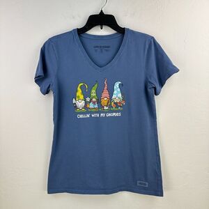 Life Is Good Crusher Tee Womens Small Blue Chillin' With My Gnomies Garden Vneck
